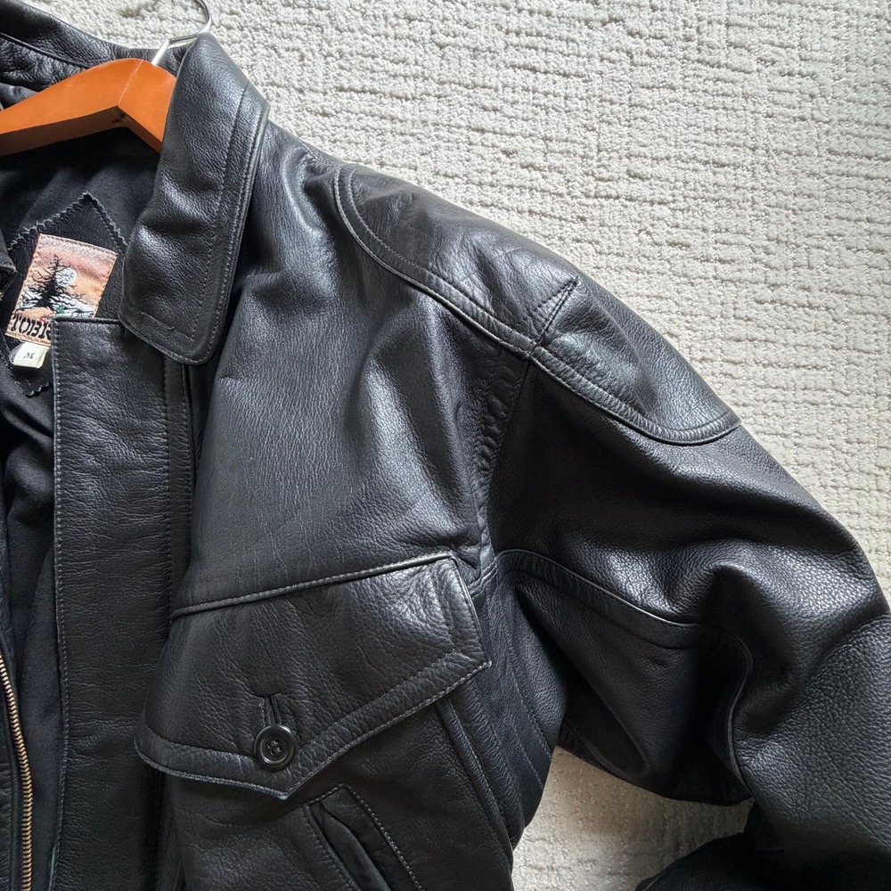 Tobruk Black Genuine Leather Bomber Jacket Vintage Style Mens Size M Heavy - Picture 9 of 14
